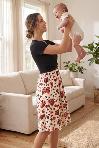 Image of OUGES Maternity Nursing Dress Breastfeeding Short Sleeve V Neck Casual Pregnancy Clothes with Pockets