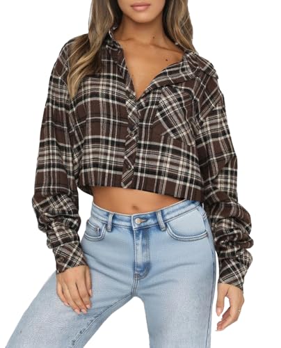 INFITTY Womens Cropped Flannel Plaid Shacket Flannel Long Sleeve Button Down Jackets Coat Coffee S