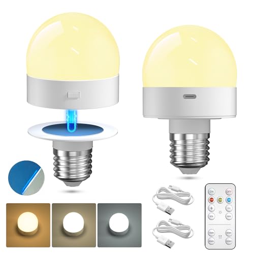Lamptobe Lampadina Ricaricabile USB con Telecomando, 3 Temperature di Colore Dimmerabile Lampadine LED E27, Lampadina a Batteria, Base Staccabile, con Magnetica, Timer per Lampade Non Cablate 2 Pezzi