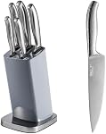 BF BILL.F Since 1983 Professional 5-Piece Knife Set with Steel Block - Ultra Sharp Stainless Steel Kitchen Knives with Mirror-Finish Concave Dot Non-Slip Handles for Precision Cooking