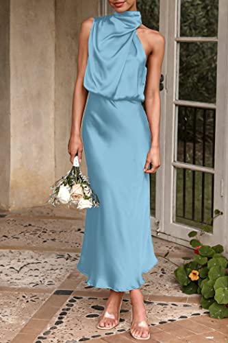 Image of PRETTYGARDEN Women's 2026 Summer Satin Dress Elegant Sleeveless Mock Neck Cocktail Party Maxi Dresses