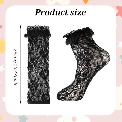 4 Pairs Black Lace Socks Lace Ruffle Socks Cute Lolita Sock Mesh Laces Sock for Women Ankle Ruffle （Jacquard/Big Heart/Sunflower/Small Heart）2