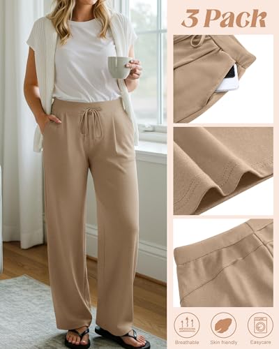 3 Pack Women's Wide Leg Lounge Pants, Loose Drawstring Yoga Sweatpants with Pockets Casual Cozy Pajama Jogger Pants4