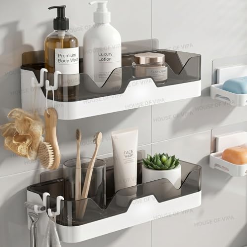 Image of HOUSE OF VIPA Self-Adhesive Bathroom Shelf for Wall, Bathroom Organizer with Towel Holder and 4 Hooks, Space-Saving Bathroom Accessories, 2 Storage Shelves & 2 Soap Dishes (B /W), 4 Pack