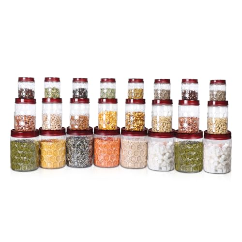 Image of MILTON Hexa Airtight Containers for Kitchen Storage Food Grade Plastic, Stackable & Transparent Organizer Jars, Set of 24(8 x 270ml,665ml,1.24L each) Tea,Coffee,Sugar,Dry Fruits, Grains, Pulses, Brown