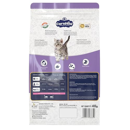 Image of Carniwel Fresh Fish & Shrimp Kitten Dry Cat Food 400 gm | Fresh & Natural Ingredients | Highly Palatable | Supports Healthy Skin & Glossy Coat | Premium Nutrition