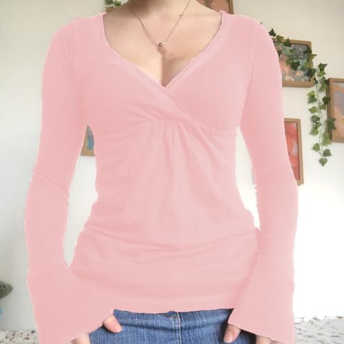 Image of Women Fairy Grunge Aesthetic Shirts Tops Long Sleeve V Neck Tops Girl Basic Slim Fit Blouse Streewear