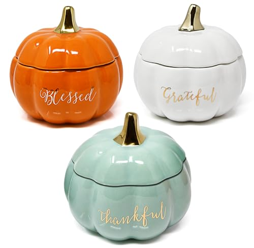 Fall Pumpkin Decorative Bowl Set with Lids, Thankful Grateful Blessed, White Ceramic Jar Bowls for Home Decor Candy Dish Halloween Thanksgiving Gift
