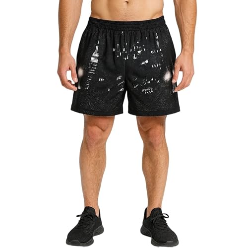 Men’s Mesh Basketball Shorts Graphic Cityscape Print Quick-Dry Loose Fit Training Gym Running Short w Pockets