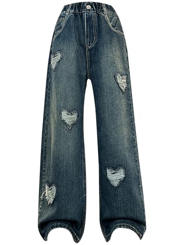 iiniim Kids Girls High Waisted Wide Leg Jeans Coolgirls Casual Loose Fit Baggy Ripped Denim Pants with Pocket Outdoors