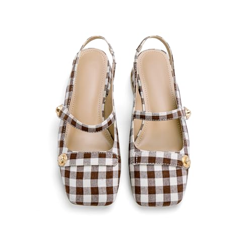 Image of Slingback Mary Jane Heels for Women Low Block Heel Closed Square Toe Pump Shoes Heels Classic Daily Office Dressy Shoes