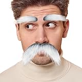Yan Dream Grey with White Fake Mustache and Eyebrows Self Adhesive Fake Beard Novelty Costume Facial Hair for...