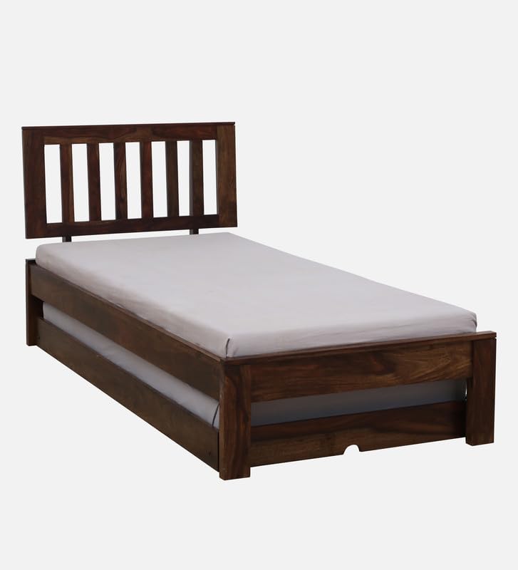 Image of Solid Sheesham Wood Wave Single Size Trundle Bed with 1 Extra Pullout Bed | Wooden Single Bed Cot Palang Furniture for Bedroom Living Room Home and Hotel (Provincial Teak Finish)