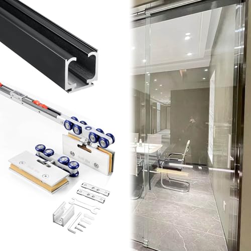 Soft Close Sliding Door Track Kit for Glass & Pocket Doors - Premium Aluminum Barn Door Hardware, 7.5ft Closet Door Rails (Black, 230cm)