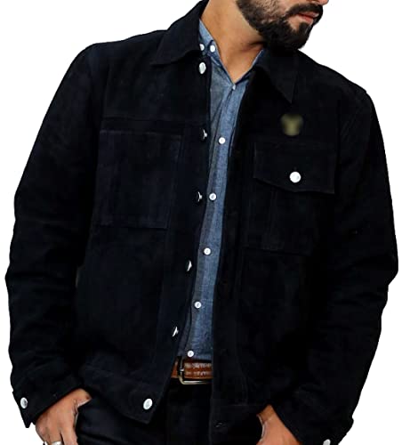 Mens Cole Hauser TV Series Rip Wheeler Stylish Cowboy Black Suede Leather Jacket T-Shirt (M)