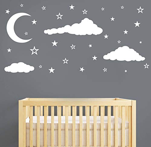 Image of GESTYZ Moon Stars and Clouds Wall Decals Kids Wall Decoration Nursery Wall Decal Wall Decal for Nursery Vinyl Wall Stickers for Children Baby Kids Boys Girls Bedroom(Y08) (White)