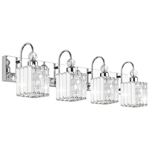 Image of Ralbay Chrome Crystal Vanity Light 4-Lights 31.5'' Modern Bathroom Wall Lighting Over Mirror
