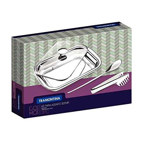 Tramontina 64310114 Kit para Assar e Servir Aço Inox com Tampa de Vidro com 3 Peças, Prata