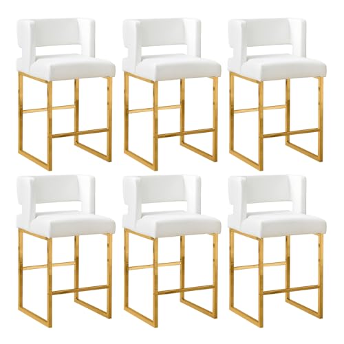 Image of 26 inch H PU Leather Bar Stools Set of 6, Counter Height Bar Seats with Square Back, Modern Upholstered Armless Barstools with Metal Gold Legs for Kitchen Island Dining Room Bar, White