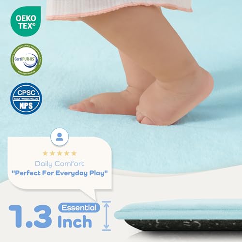 Image of 1.3 inch Thick Baby Floor Play Mat 50x50 Padded Foam Mat Kids, Ice Blue | Memory Mat for Baby to Play on Floor Waterproof Easy Care with Non-Slip Tummy Time Play Mat for Nursery Playroom Classroom
