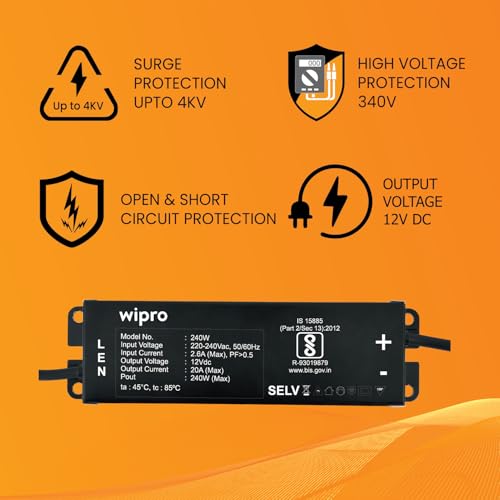 Image of wipro 20A 240W LED Strip Light Driver, 12V DC Power Supply with 4kV Surge & 340V Protection | Constant Voltage for Indoor LED Tape | Short-Circuit Protection | Pack of 2