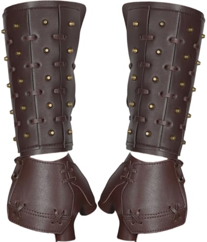 XWXLDD 4pc Medieval Warrior Wristband Steampunk Rivet Guard Arm Viking Pirate Boxing Fingerless Gloves Cosplay Accessories (brown Gloves * 2 with wrist protection * 2)