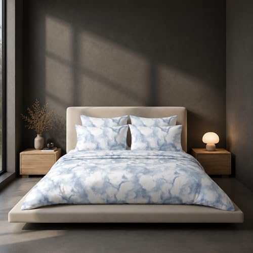 Image of VELOURA Tie-Dye Bedsheet Set, 100% Cotton, King Size 108x108 Inches, 300 Thread Count, with 2 Pillow Covers, Blue