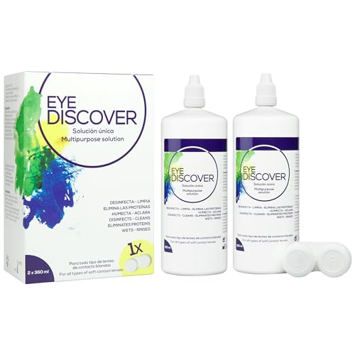 EYE DISCOVER, Líquido Lentes de contacto brancas, solução única sem esfregar, desinfetar, limpa, elimina proteínas, hidrata e clara (2 x 360 ml)