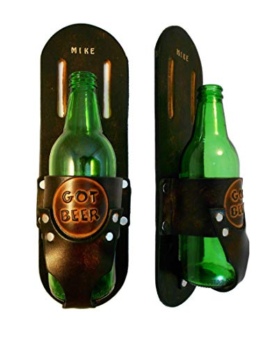 Leather Beer Holster, Drink Beverage Holder for bottle or can, Handcrafted, Many Tooled Designs