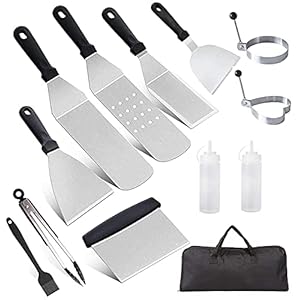 11 Pièces Spatules pour Barbecue, AMZMUKAUP Ensemble de Spatuleen Acier Inoxydable Ensemble d’accessoires pour Plaque chauffante Professionnelle BBQ pour Teppanyaki