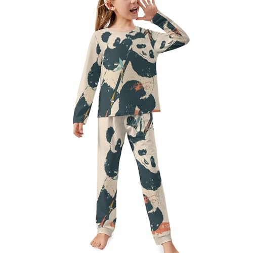 Cute Pandas with BambooChildren's Pajama Set Round Neck Long Sleeve Top + Pants Two-piece Set140CM