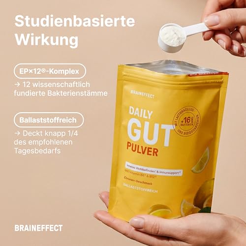 BRAINEFFECT DAILY GUT – Probiotisches Getränkepulver mit 16 Mrd. lebenden Bakterien & 7 g Ballaststoffen pro Portion, mit Vitamin B1, B2, B6 & B12, Zitronengeschmack – 240 g 4