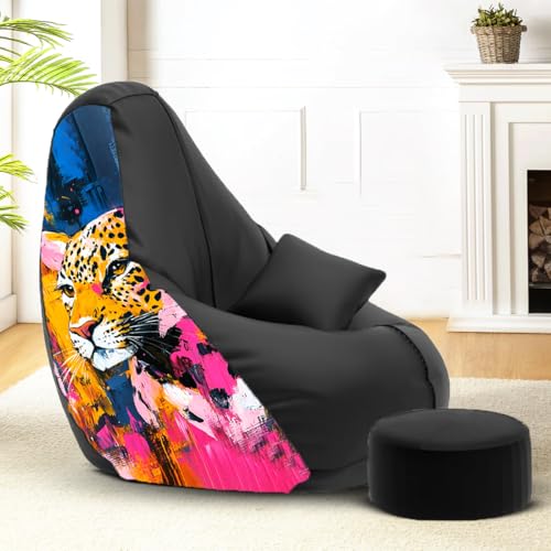 Image of Amazon Brand - Solimo Premium Faux Leather Bean Bag Combo with Footrest & Cushion, Filled with Beans | Capacity: Upto 6 Ft 3 in Height, 120 KG Weight | 4XL | Cheetah's Gaze | Black
