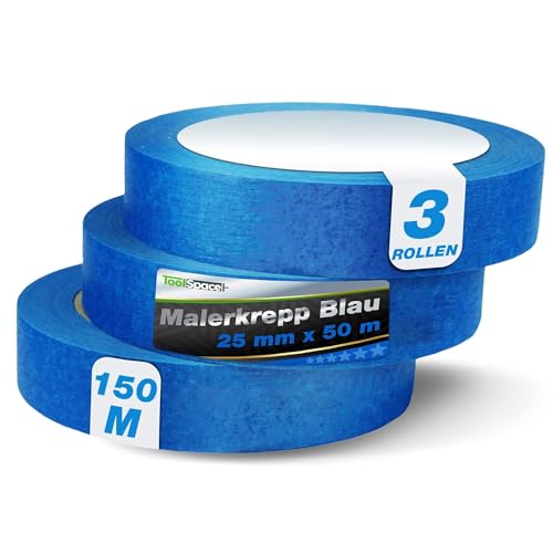 ToolSpace Blått papper skyddsband för målning av väggar och tak renoveringsarbeten lim inga lösningsmedel inget läckage 25 mm/50 m set med 3 stycken 150 m