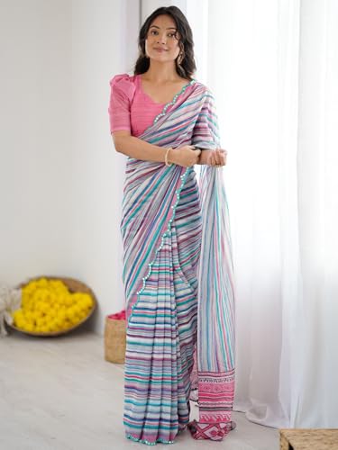 Image of Satrani Women's Georgette Printed & Mirror Work Saree with Unstitched Blouse Piece