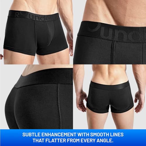 Rounderbum Men's Padded Underwear Trunks with Removable Butt Enhancing Pads - 3 Colors - More Volume Instantly, Short Inseam3