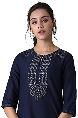 Image of W for Woman Women's Cotton Blend Relaxed Fit Casual Solid Modern Kurta with Embroidery On Yoke