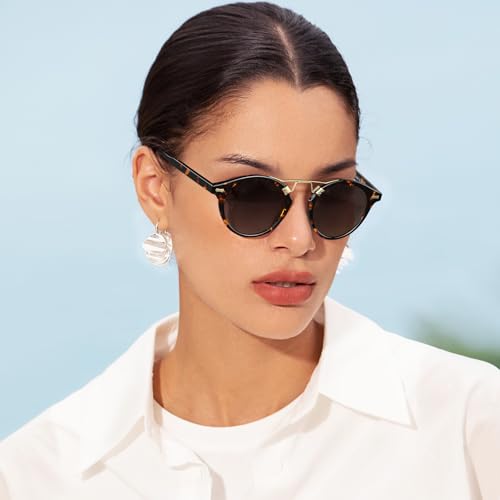 Image of CARFIA Double Bridge Small Acetate Sunglasses for Women Polarized, Retro Metal Brow Ladies Sunnies Fashion Round Eyewears
