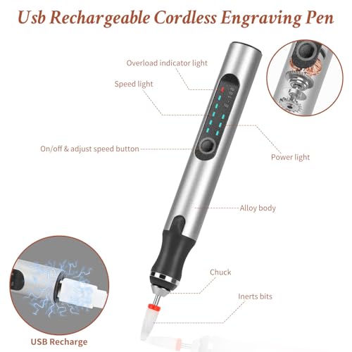 Engraving Pen with 37 Bits, USB Rechargeable Cordless Etching Engraving Tool, Portable DIY Rotary Engraver for Jewelry Wood Glass Stone Carving (Silver)