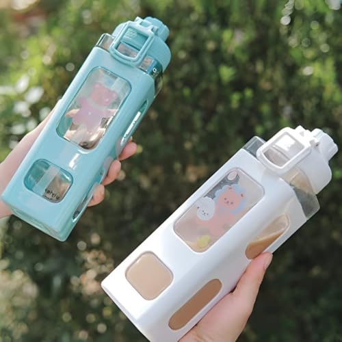 Image of LHOTSE FreeSip Cute Square Water Bottle for School with Straw & Leakproof Lid - Large Capacity Kawaii Bottle for Kids, Girls & Office Use (White)