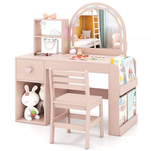 Image of HONEY JOY Kids Vanity with Lights and Open Bookshelf, Princess Makeup Dressing Desk, Storage Cabinet, Wooden Pretend Play Toddler Vanity Table & Chair Set with Lighted Mirror for Little Girls (Pink)