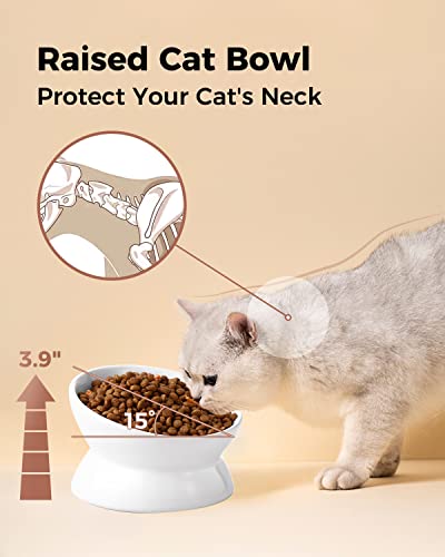 Image of LoeJan Elevated Cat Food Bowl, 5 Oz Ceramic Raised and Tilted Water Bowl, Anti Vomiting and Protect Pets' Spines Dishes for Small Dog, Fat Faced Cat, Kitten (White, 1 Pack)