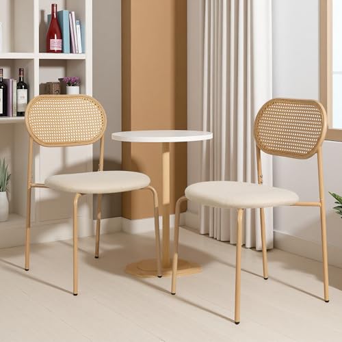 Poeahu Juego de 2 sillas de Comedor, Silla Bistrot con Respaldo de ratán y PU Asiento Acolchado y 4 Patas Regulables, sillón de Cena Retro para Cocina, Sala de Estar, Color Beige(48x44.5x80.5 cm)