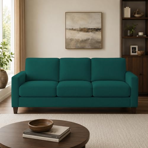 Image of Casaliving Gladino Modern Velvet Fabric Sofa, Tufted Design Upholstered 3 Seater Sofa Set for Living Room, Premium Velvet Fabric Sofa (Pine)