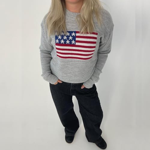 Image of Womens American Flag Sweater Long Sleeve Crew Neck Star Graphic Knit Pullover Tops Casual Loose USA Sweater