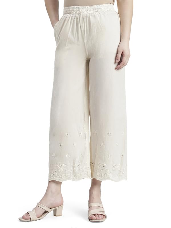 Image of GO COLORS Women Cotton Hakoba Wide Pant Ankle Length, Floral Embroidery, Relaxed Fit, Mid-Rise with Side Pocket