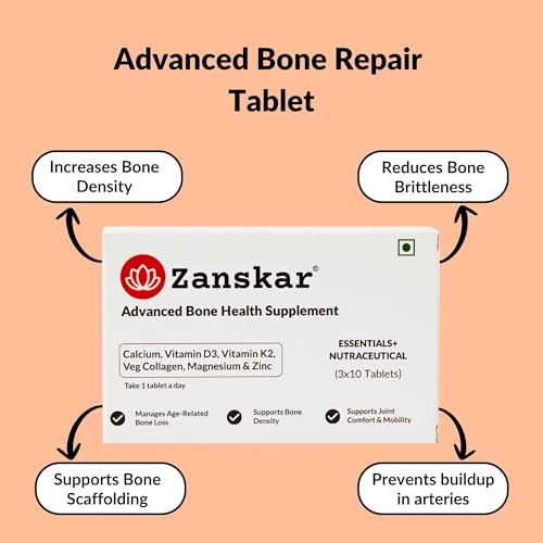 Image of Zanskar Advanced Bone Health Tablet (30 Tablets) | Calcium, Vitamin D3, Vitamin K2, Collagen, Magnesium & Zinc (1200mg) | 100% Veg | Bone Health and Joint Support