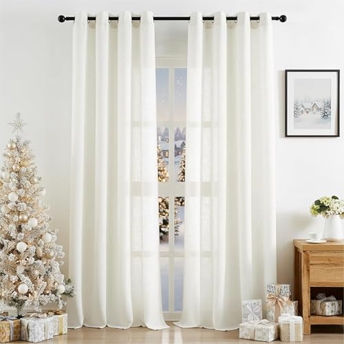 Treatmentex Cortinas Dormitorio, Salon y Visillos Salon 2 Piezas 136x145cm, Translúcidas Textura de Lino Natural con Ojales, Oficina, Comedor, Habitación​