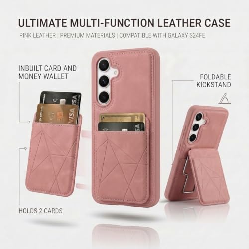 Image of amazon basics Premium Vegan Leather Back Cover with Card Holder and Integrated Mobile Stand for Samsung Galaxy S24FE 5G - Slim Shockproof Wallet Case with Geometric Stitching [Pink]