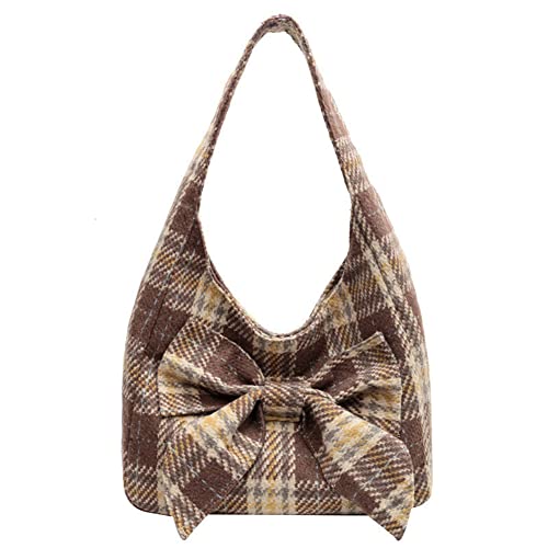 Image of Fashion Shoulder Hobo Bags for Women Wool Tweed Tote Bags Plaid Pattern Bowknot Handbags and Purses Large Capacity